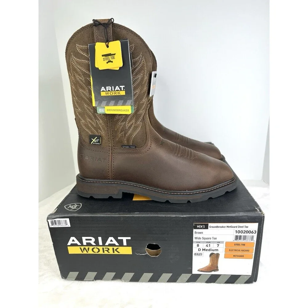 ARIAT Groundbreaker MetGuard Steel Toe Boots Wide Square Toe Mens 8 D Brown New